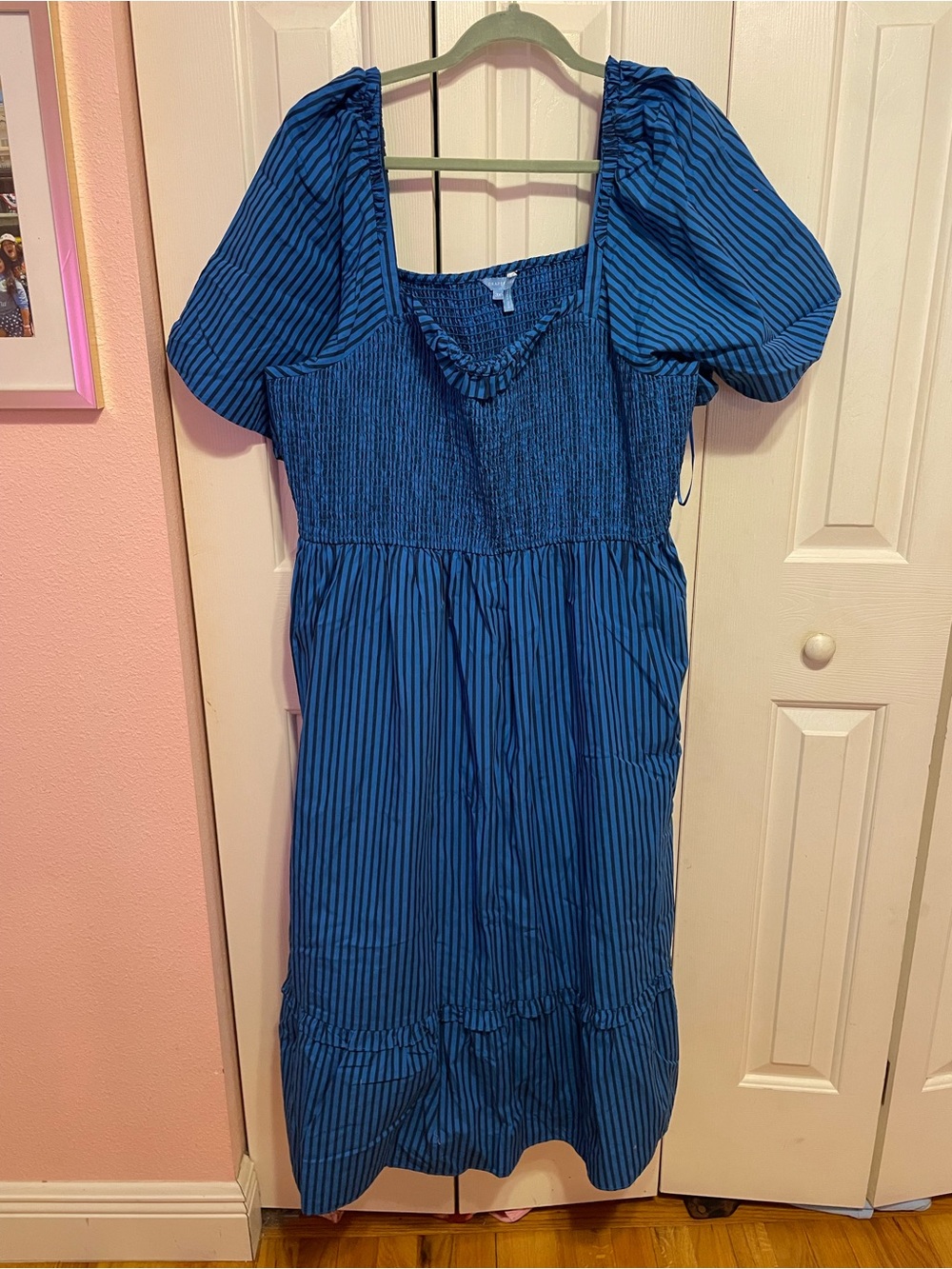 Draper James Navy Stripe Puff-Sleeve Midi Dress